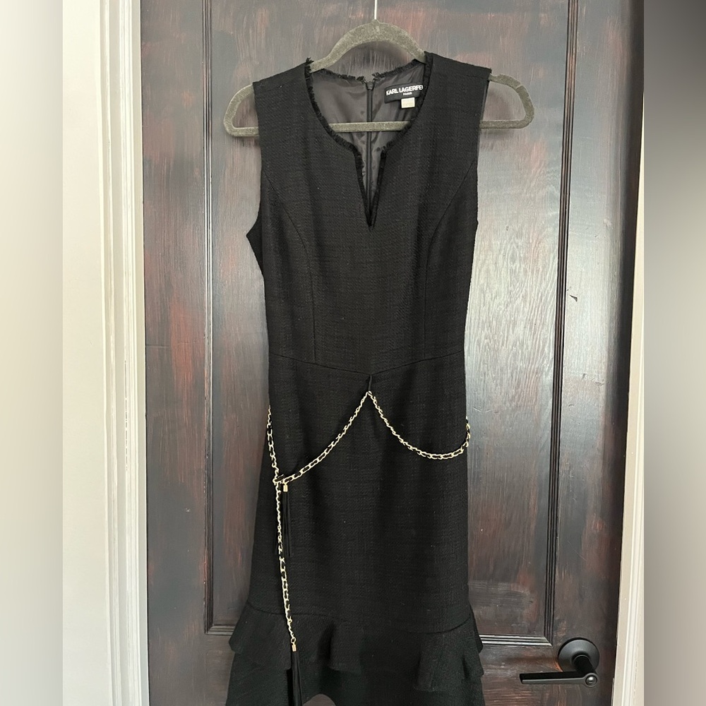 Karl Lagerfeld Black Midi Dress with Gold Chain Detail